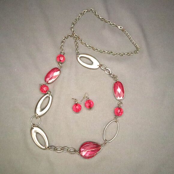 AVON Pink Silver necklace and earring set large faceted 20" long - Picture 1 of 9